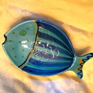 Fish dish, variety of blue glaze. 11x7. Pretty coffee table piece.